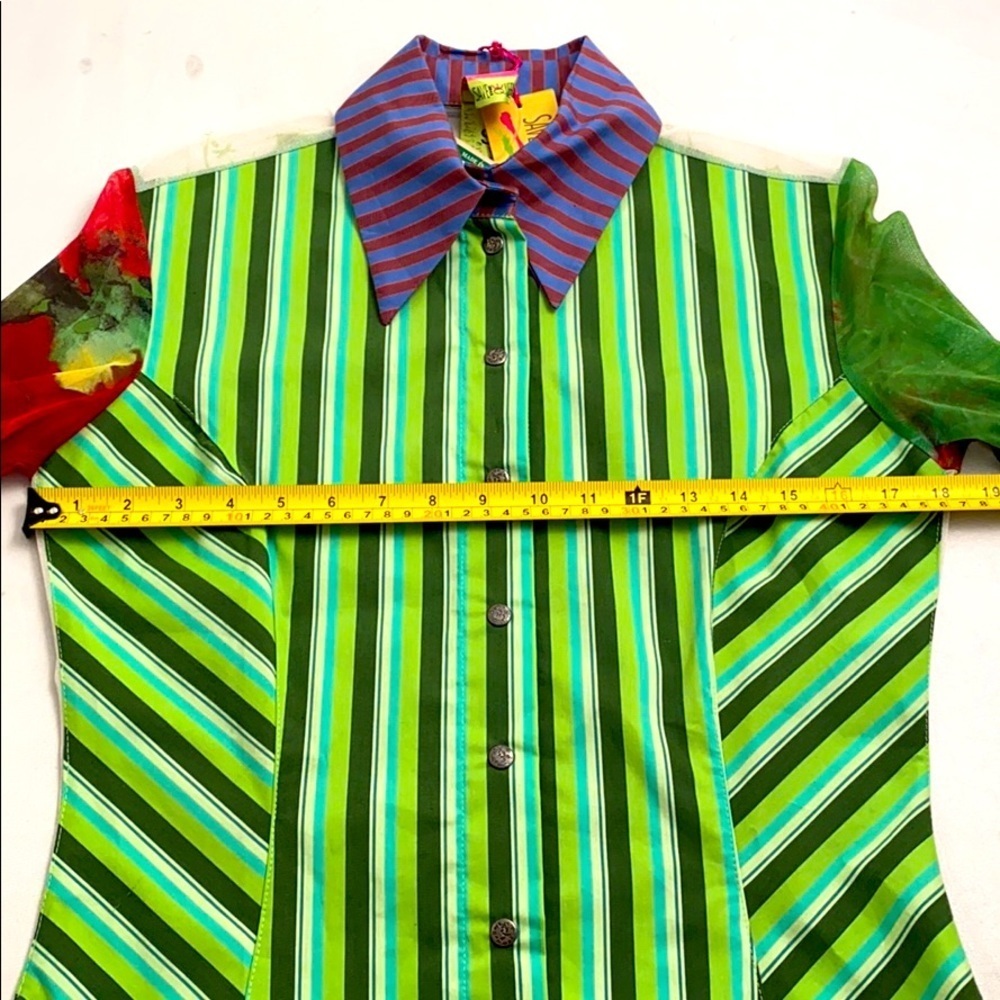 Save the Queen green multicolor stripe snap shirt S - Picture 7 of 14